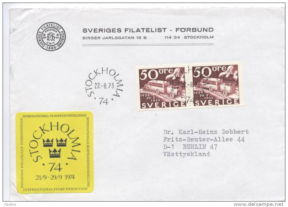 Sweden Cover Sent To Germany With Pair From Booklet 22-8-1973 - Lettres & Documents