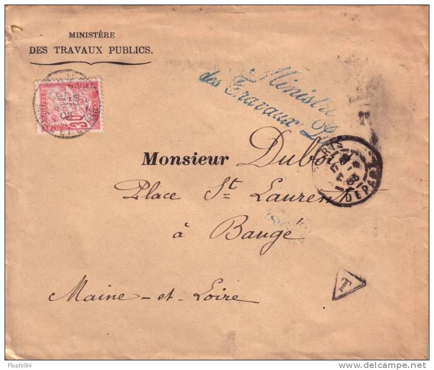 TAXE 30 + MINISTERE DES TRAVAUX PUBLIC FORME CURSIVE 8-9-1903 - 1859-1959 Storia Postale