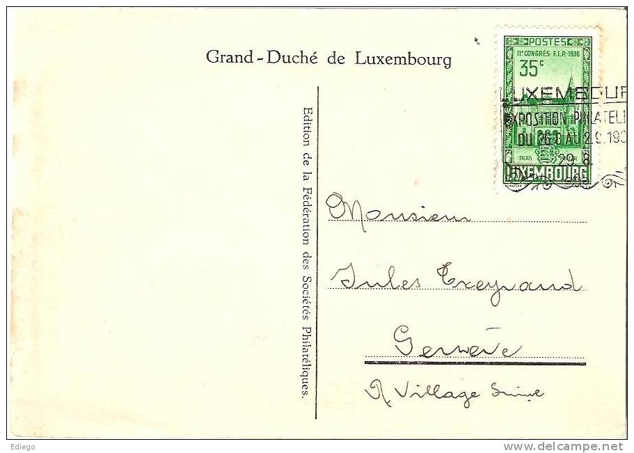 CARTE  POSTALE ECHTERNACH AVEC TIMBRE XI CONGRES DE LA F.I.P 1936  SUPERBE::::::::::::::::::: - Cartoline Commemorative