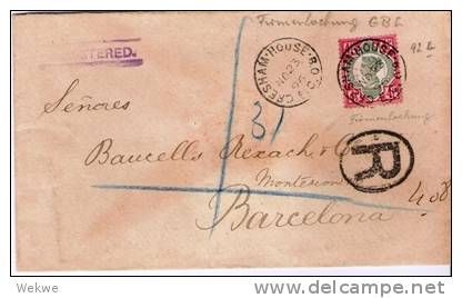 GBV186/ Michel 92b, Einschreiben Barcelona 1896, Lochung GBL (Perfin)P.D. - Cartas & Documentos