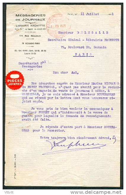 Lettre (1921) : Messagerie De Journaux, Librairie Hachette, Paris, Recherche De Magasin De Vente De Journaux - Imprenta & Papelería