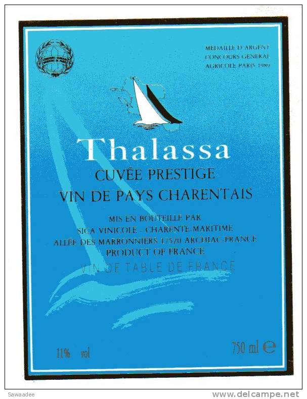 ETIQUETTE DE VIN - VIN DE PAYS CHARENTAIS - CUVEE PRESTIGE - THALASSA - BATEAU STYLISE - Sailboats & Sailing Vessels