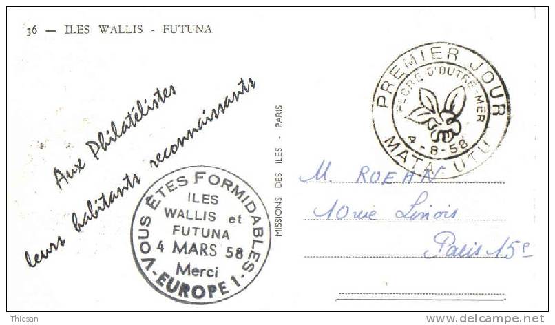 Wallis. Carte 1er Jour Flore 1958 + Radio Europe 1. - Other & Unclassified