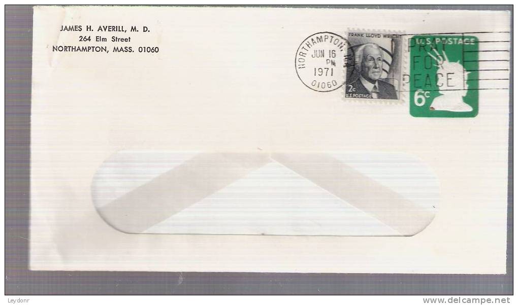 Statue Of Liberty Head 6 Cent Stamped Envelope - Postmarked "PRAY FOR PEACE" 1971 - 1961-80