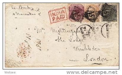 IB072/  INDIEN - Sealkote 1863, 3 Farben, India Paid (boxed) - 1858-79 Crown Colony