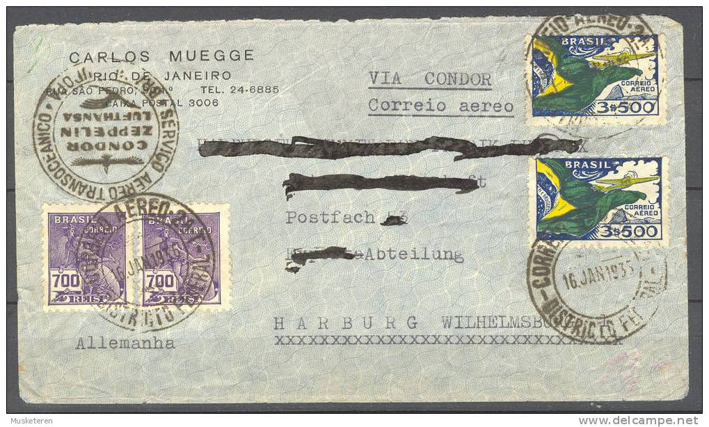 Brazil Airmail Correiro Aereo Via Condor Zeppelin Transoceanico Lufthansa 1936 Cover Letra Wilhelmsburg Germany - Posta Aerea