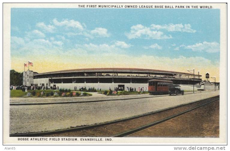 Bosse Stadium, Evansville Indiana, Baseball Field, Street Car And Auto Out Front - Honkbal