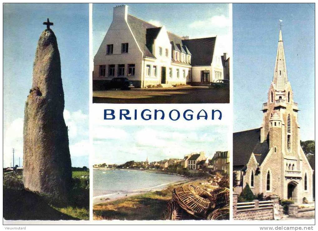 CPSM.  BRIGNOGAN. LA MAIRIE MODERNE. PLAGE DU BOURG. LE MENHIR"MEN MARZ" CLOCHER MODERNE DE L´EGLISE. DATEE 1970. FLAME. - Brignogan-Plage