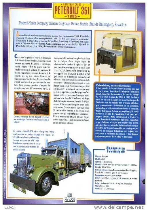 CAMIONS : Fiche éditions Atlas PETERBILT 351 (recto: Photo, Verso: Notes Techniques) - Trucks