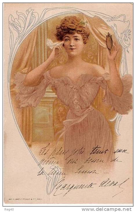 ART NOUVEAU  - CHRONOLITHOGRAPHIE  -  PRECURSEUR  - FEMME ET SON MIROIR - Voor 1900