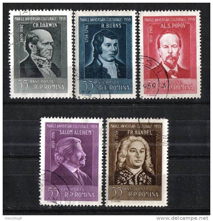 Rumänien; 1959; Michel 1765/9 O; Kulturserie; Darwin, Burns, Popov, Alejchem Und Händel - Usado