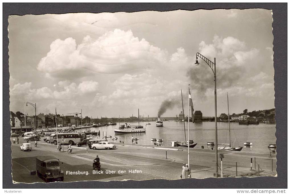 Germany Flensburg Blick über Der Hafen Harbour Ships Steamers Cars Real Photo Cancel Flensburg 1958 - Flensburg