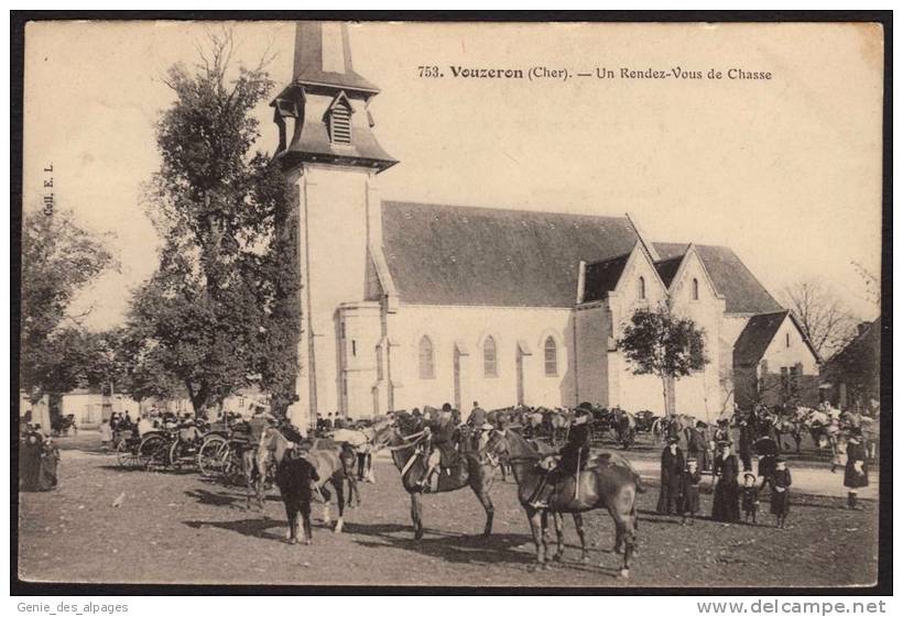 18 VOUZERON Rendez-Vous De Chasse, Chevaux, Calèches, Eglise, Coll. E.L. 753, Voyagé En 1906, Tampons Convoyeurs, B état - Vouzeron