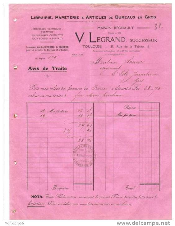 Avis De Traite De La Librairie Papeterie V. LEGRAND De Toulouse Et De 1912 - Imprimerie & Papeterie