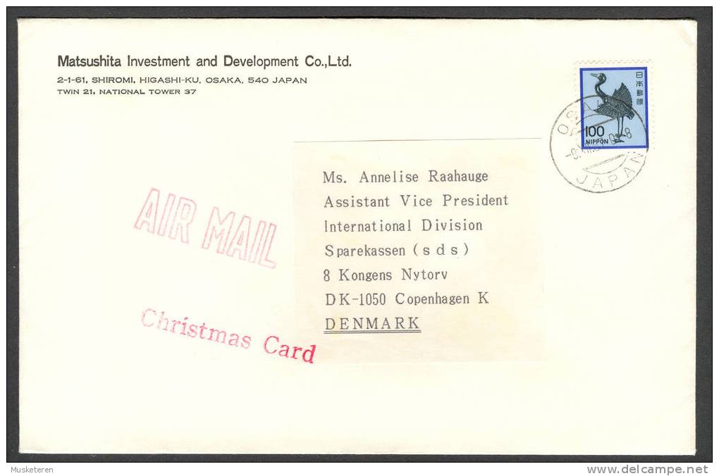 Japan MATSUSHITA DEVELOPMENT & INVESTMENT, OSAKA 1957 Cover Brief Denmark Bird - Posta Aerea