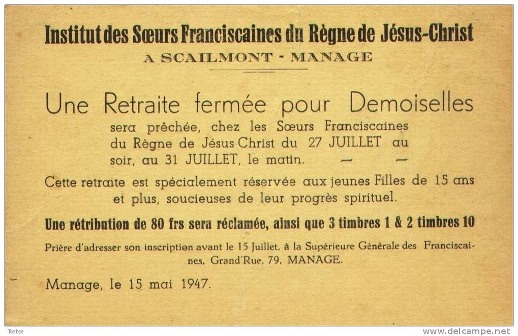 Scailmont-Manage - Carte D'invitation à Une Retraite Chez Les Soeurs Franciscaines En 1947 - Manage