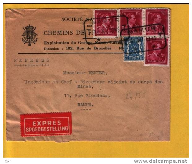 426+691op EXPRES-brief Met Telegraafstempel NAMUR , Brief Met Hoofding "CHEMINS DE FER VICINAUX"   (VK) - 1936-1957 Open Collar