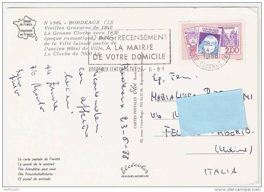 Francia 1988. Cartolina  Di  BORDEAUX - La Grosse Cloche. - Covers & Documents
