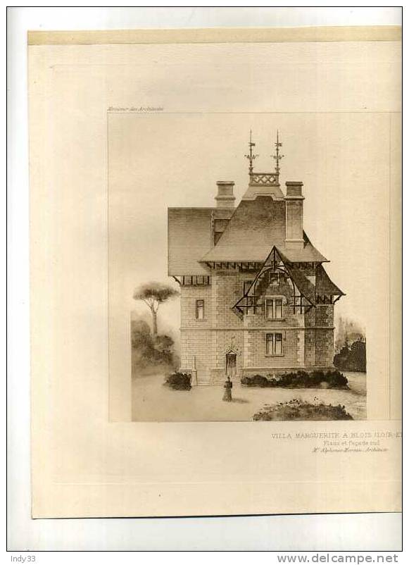 - VILLA  MARGUERITE A BLOIS . PLANS ET FACADE SUD  . A. MOREAU  ARCHI .. PLANCHE PARUE EN 1900 . - Architectuur