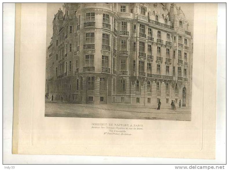 - FRANCE 75 . IMMEUBLE AV. DES CHAMPS-ELYSEES ET RUE DE BERRI  FACADE . P. FRIESE ARCHI . PLANCHE PARUE EN 1900 . - Architektur