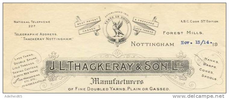 Order Confirmation Gassed Yarns, 1920´s Thackeray & Son, Forest Mills, Nottingham, Fine Doubled Yarns, Plain Or Gassed - Regno Unito