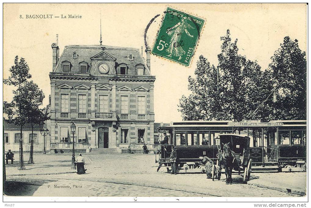 BAGNOLET - La Mairie - Beau Plan De Tramway, Attelage - Voy. 1908 - Bagnolet