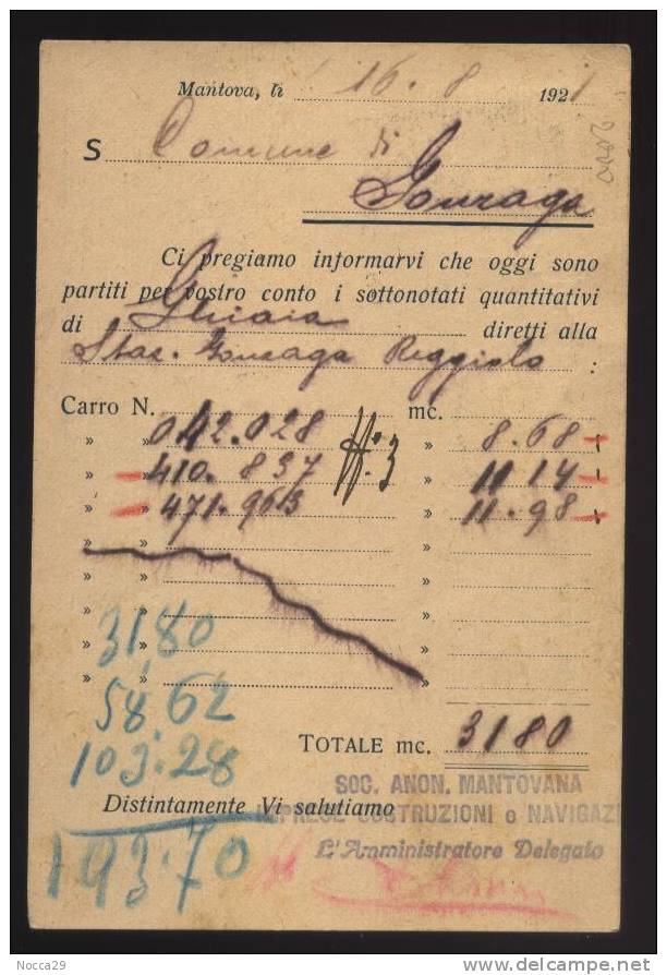 MANTOVA 1922 PUBBLICITARIA.  IMPRESA COSTRUZIONI E NAVIGAZIONE. VIAGGIATA PER GONZAGA (INT92) - Mantova