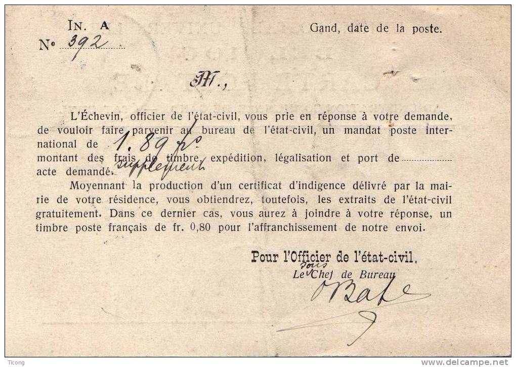 BELGIQUE ADMINISTRATION COMMUNALE DE GAND ETAT CIVIL - CARTE POSTALE POUR LA FRANCE 1924 - Storia Postale