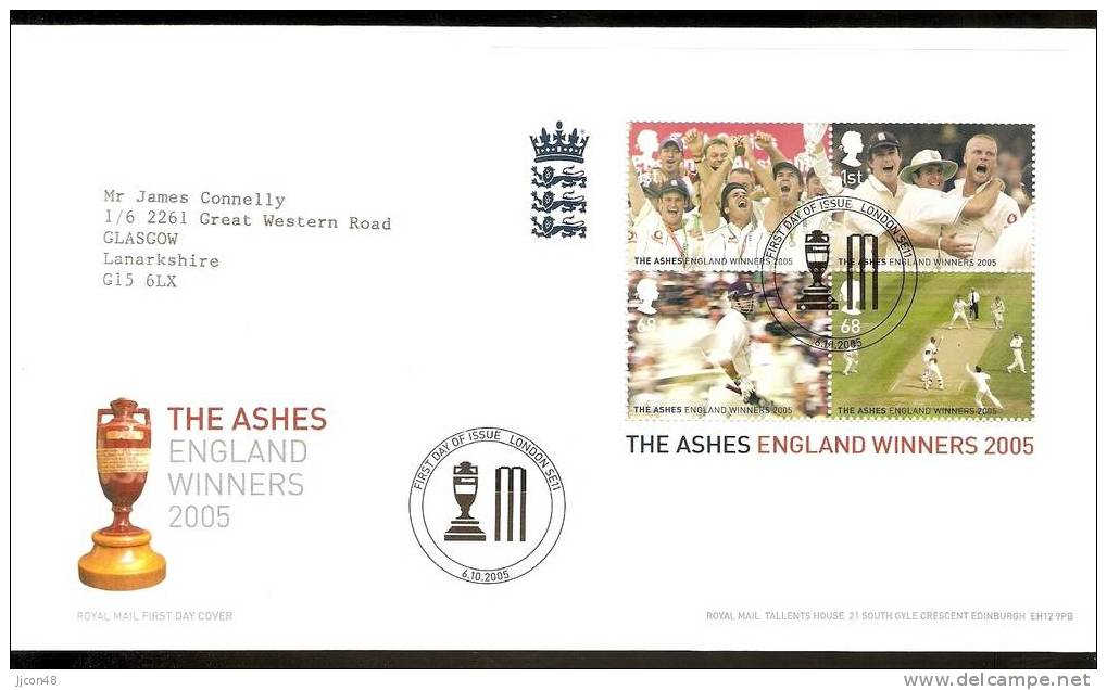 Great Britain 2005  The Ashes. England Winners 2005  FDC.  Special Postmark - 2001-2010 Decimal Issues