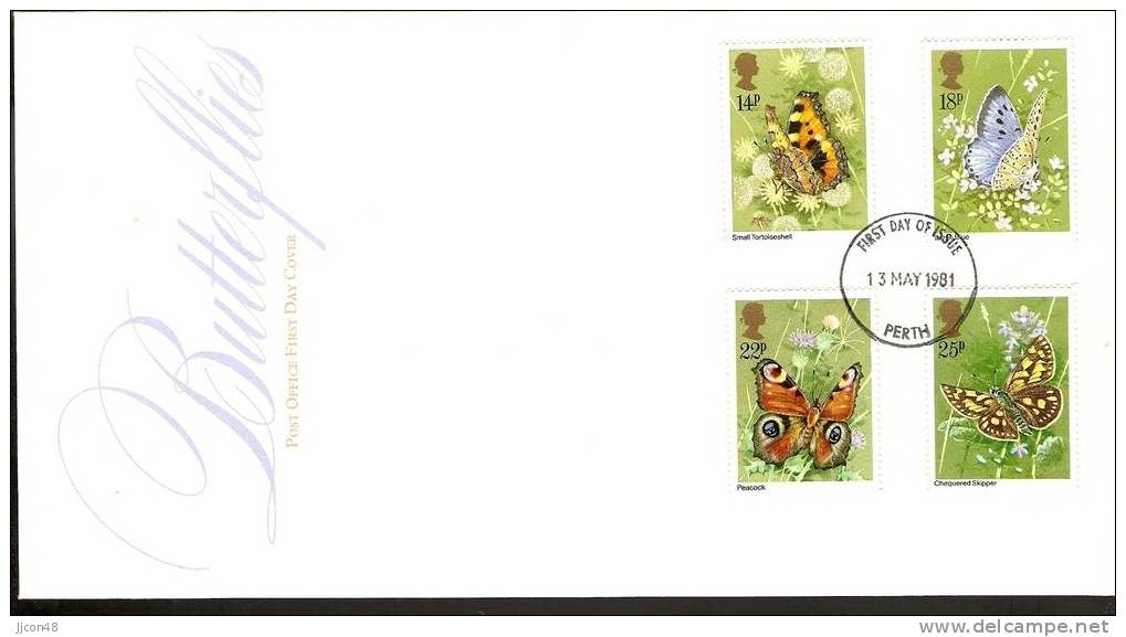 Great Britain 1981  Butterflies  FDC.  Perth Cancel - 1981-1990 Dezimalausgaben