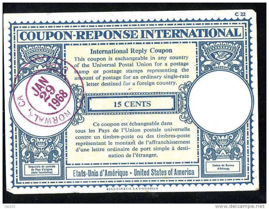 CUPON - REPONSE INTERNATIONAL 15 CENTS 1968 UNITED STATES OF AMERICA.(B) - U.P.U.