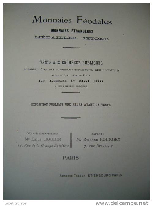 Catalogue De Vente Monnaies Féodales Drouot, Vente Du 1er Mai 1911 à Paris, Hotel Drouot Salle N°8 - Livres & Logiciels