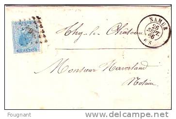 BELGIQUE : 1866:Timbre N°18 Sur:lettre De NAMUR Vers THY-LE-CHATEAU.Belles Oblitérations.Oblit.à Points 64,+Namur Double - 1865-1866 Profile Left