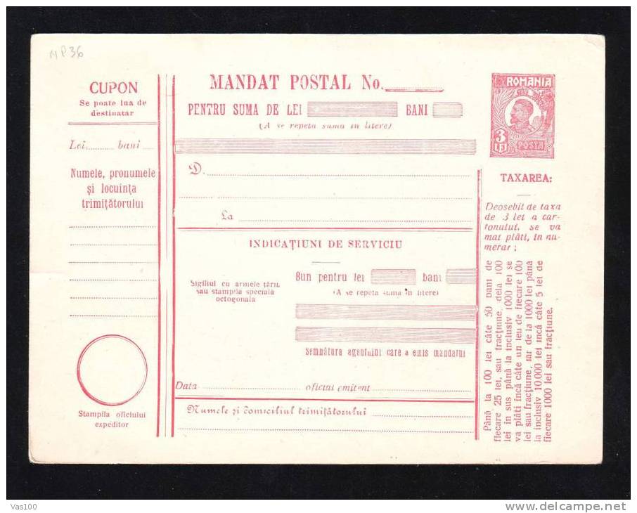 190? BULETIN D´EXPEDITION MANDATE POSTALE INTERNATIONALE ,INTERNATIONAL  MONEY ORDER,IMPRINTED POSTAGE 3 LEI,FERDINAND.C - Postpaketten