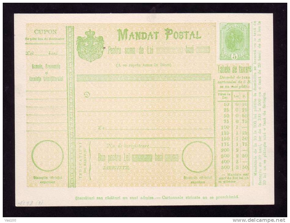 190? BULETIN D´EXPEDITION MANDATE POSTALE INTERNATIONALE,IMPRINTED POSTAGE 5 BANI,CAROL.(A9) - Paketmarken