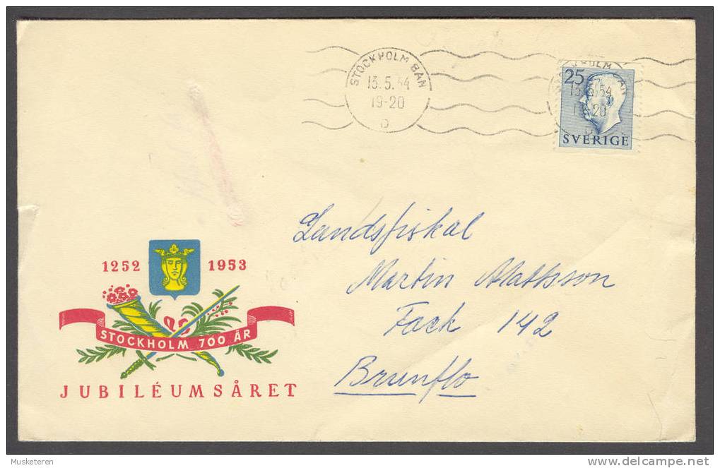 Sweden King Gustav V Stockholm Ban Bahnpost Railway Cancel Cover 1954 Stockholm 700 Years Jubilee Cachet 1252-1953 - Lettres & Documents