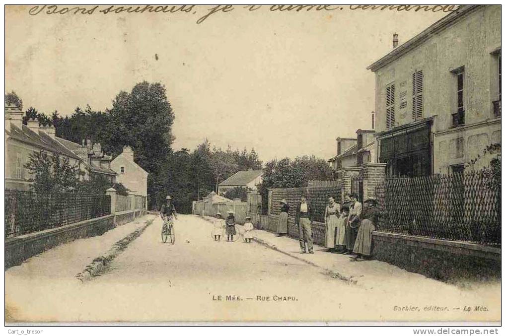 CPA 77 LE MEE RUE CHAPU VELO TROIX CERCEAUX (EPICERIE BARBIER) - Le Mee Sur Seine