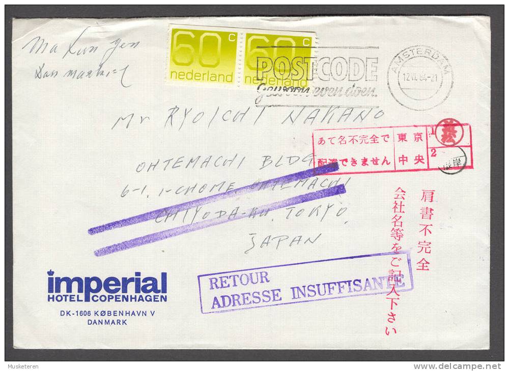 Netherlands Imperial Hotel Copenhagen Cover Amsterdam 1984 Cancel To Tokyo Japan Retour Adresse Insuffisante Violet - Lettres & Documents