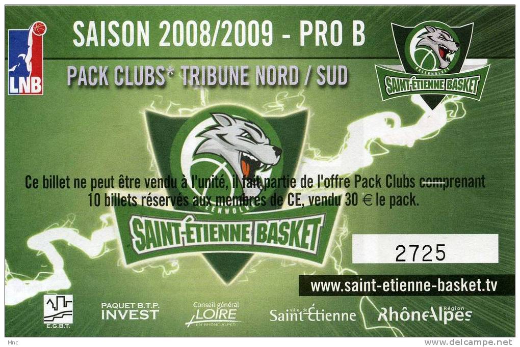 Billet De Match DeST ETIENNE-Basket  PRO B 2008/2009 - Kleding, Souvenirs & Andere