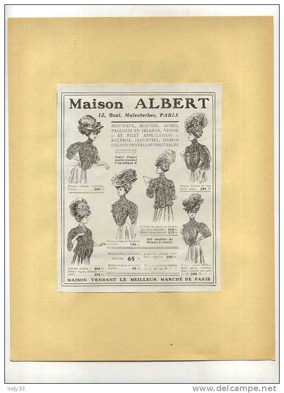 - FRANCE 75 . PARIS . MAISON ALBERT . PUB. DU DEBUT DU XXe S. . DECOUPEE ET COLLEE SUR PAPIER - Andere & Zonder Classificatie