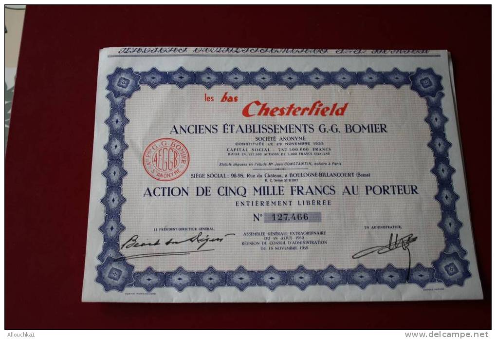 SCRIPOPHILIE-ACTION DE 5000F "LES BAS CHESTERFIELD-ANC ETAB G.G. BOMIER -SIEGE SOCIAL BOULOGNE BILLANCOURT-1959 -TEXTILE - Textile