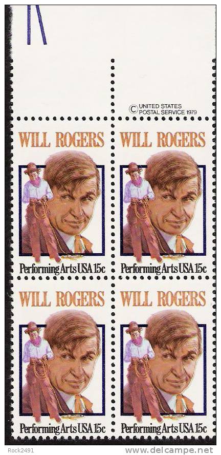 US Scott 1801 - Copyright Block Of 4 - Will Rogers 15 Cent - Mint Never Hinged - Blocs-feuillets