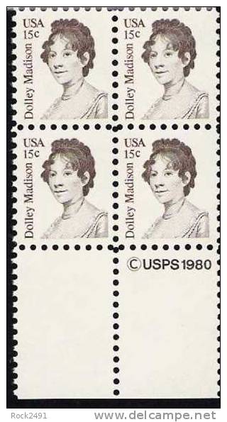 US Scott 1822 - Copyright Block Of 4 - Dolley Madison 15 Cent - Mint Never Hinged - Blocs-feuillets