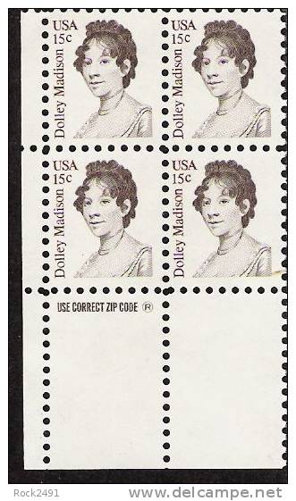 US Scott 1822 - Zip Block Of 4 - Dolley Madison 15 Cent - Mint Never Hinged - Hojas Bloque