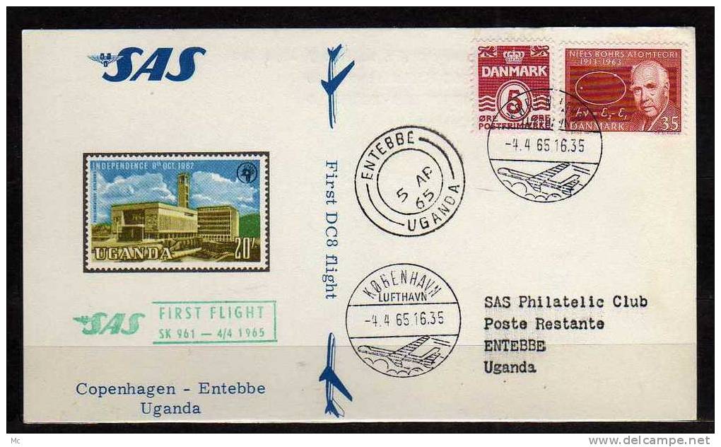 Première Liaison Aerienne Copenhagen - Entebbe Le 04/04/1965 , SAS - Poste Aérienne