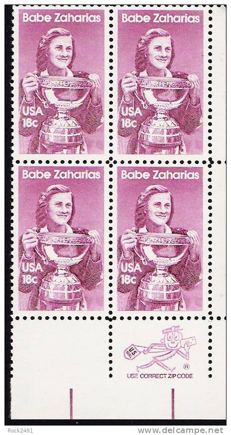 US Scott 1932 - Zip Block Of 4 - Babe Zaharias 18 Cent - Mint Never Hinged - Blocks & Sheetlets