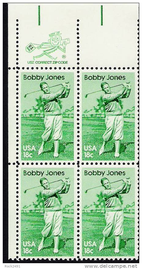 US Scott 1933 - Zip Block Of 4 - Bobby Jones *18 Cent - Mint Never Hinged - Blocks & Sheetlets