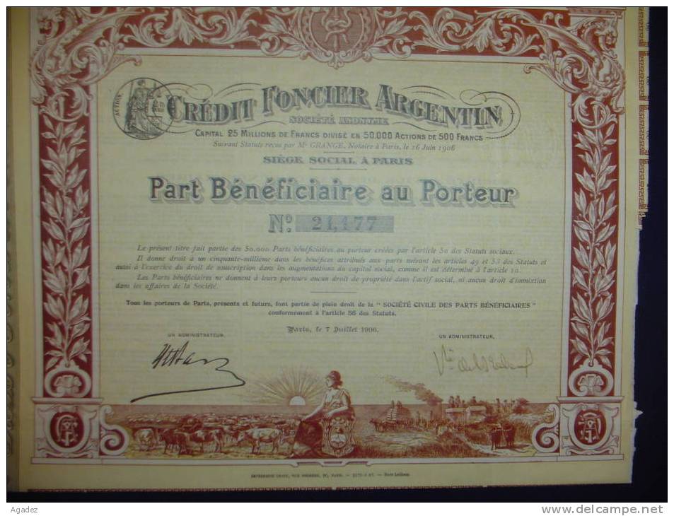 Part Beneficiaire"Credit Foncier Argentin"Paris 1906 Très Belle Litho,très Bon état,reste Des Coupons Argentine - Banque & Assurance