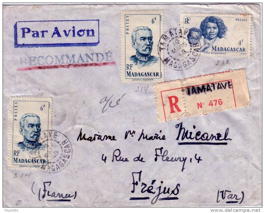 MADAGASCAR-TAMATAVE RECOMMANDEE 19-3-1948-BEL AFFRANCHISSEMENT-RECTO VERSO-DIVERS CACHETS - Other & Unclassified
