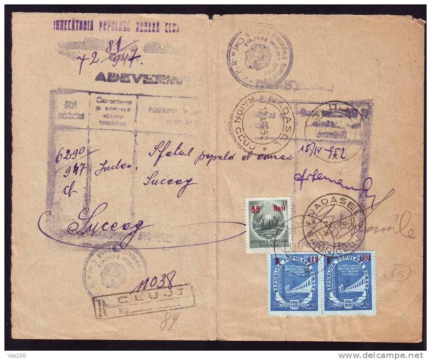 "Adeverinta De Inmanare" Document,Registred,overpr Int Stamp,1 Leu/11 Lei Pair + 55bani/31 Lei 1952,obliteration Rural. - Lettres & Documents